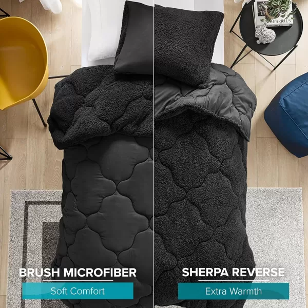 Comfort Spaces Vixie Reversible Comforter Set  Trendy Vibrant Color with Geometric Quilted Cover Lightweight All Season Down Alternative Cozy Bedding Sham NavyCharcoal TwinTwin XL 2 pieceBlackBlack Sherpa