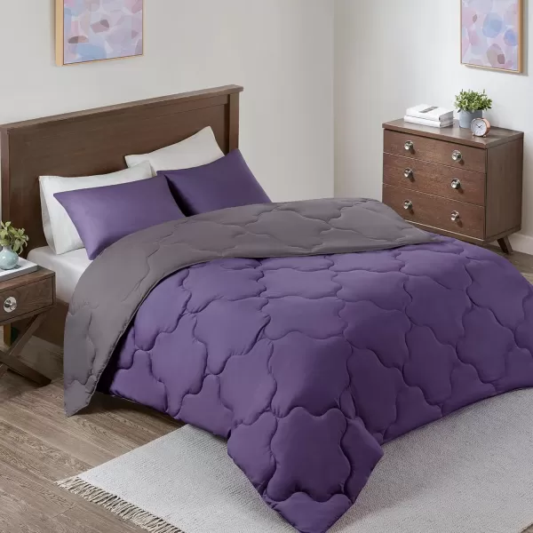 Comfort Spaces Vixie Reversible Comforter Set  Trendy Vibrant Color with Geometric Quilted Cover Lightweight All Season Down Alternative Cozy Bedding Sham NavyCharcoal TwinTwin XL 2 piecePurpleCharcoal