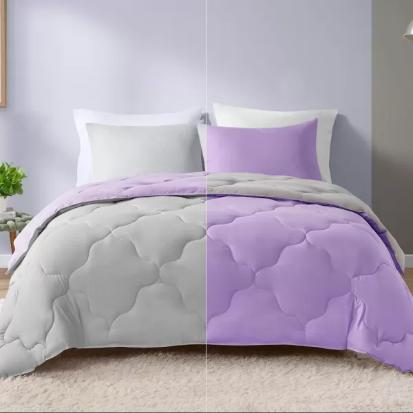 Comfort Spaces Vixie Reversible Comforter Set  Trendy Vibrant Color with Geometric Quilted Cover Lightweight All Season Down Alternative Cozy Bedding Sham NavyCharcoal TwinTwin XL 2 pieceLavendarGray