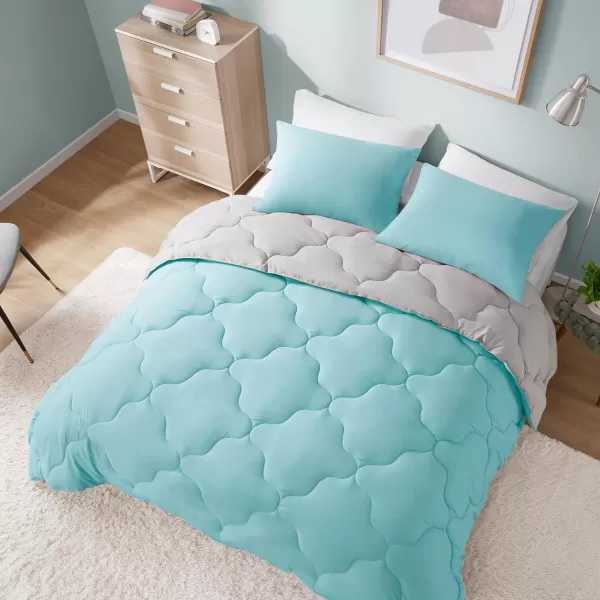 Comfort Spaces Vixie Reversible Comforter Set  Trendy Vibrant Color with Geometric Quilted Cover Lightweight All Season Down Alternative Cozy Bedding Sham NavyCharcoal TwinTwin XL 2 pieceAquaGray