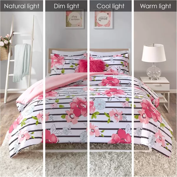 Comfort Spaces Zoe Comforter Set Printed Striped Floral Design with Faux Long Fur Decorative Pillow Bedding Pink FullQueen 4 PiecePink Comforter