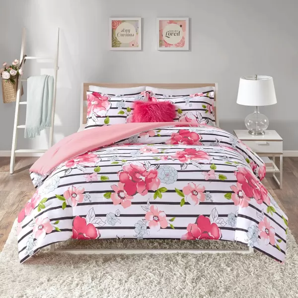 Comfort Spaces Zoe Comforter Set Printed Striped Floral Design with Faux Long Fur Decorative Pillow Bedding Pink FullQueen 4 PiecePink Comforter