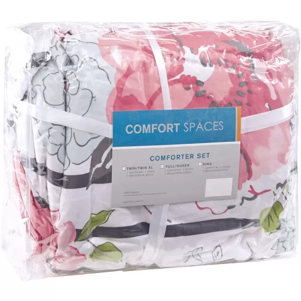 Comfort Spaces Zoe Comforter Set Printed Striped Floral Design with Faux Long Fur Decorative Pillow Bedding Pink FullQueen 4 PiecePink Comforter