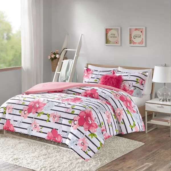 Comfort Spaces Zoe Comforter Set Printed Striped Floral Design with Faux Long Fur Decorative Pillow Bedding Pink FullQueen 4 PiecePink Comforter