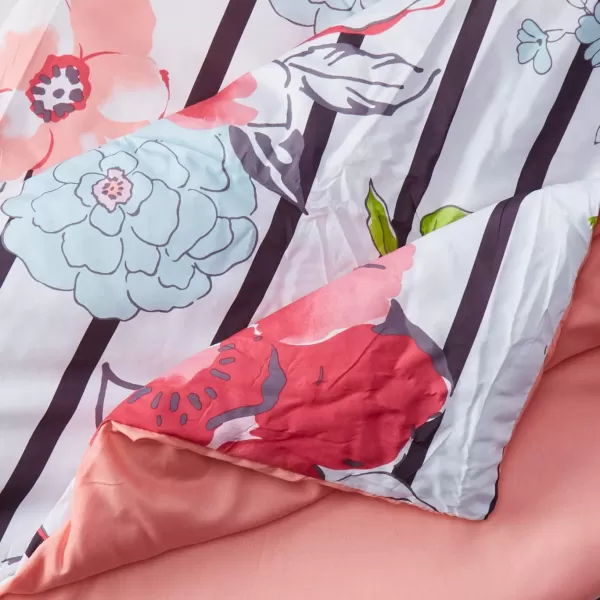 Comfort Spaces Zoe Comforter Set Printed Striped Floral Design with Faux Long Fur Decorative Pillow Bedding Pink FullQueen 4 PiecePink Comforter