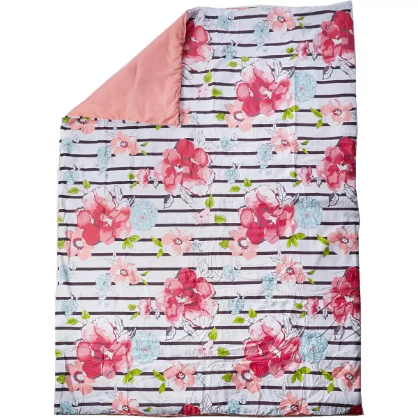 Comfort Spaces Zoe Comforter Set Printed Striped Floral Design with Faux Long Fur Decorative Pillow Bedding Pink FullQueen 4 PiecePink Comforter