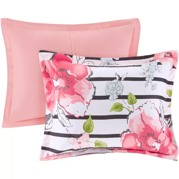 Comfort Spaces Zoe Comforter Set Printed Striped Floral Design with Faux Long Fur Decorative Pillow Bedding Pink FullQueen 4 PiecePink Comforter