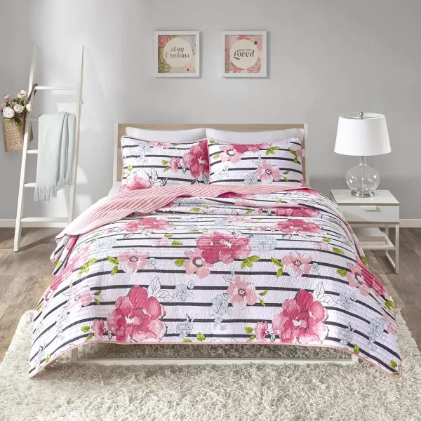 Comfort Spaces Zoe Comforter Set Printed Striped Floral Design with Faux Long Fur Decorative Pillow Bedding Pink FullQueen 4 PiecePink Coverlet