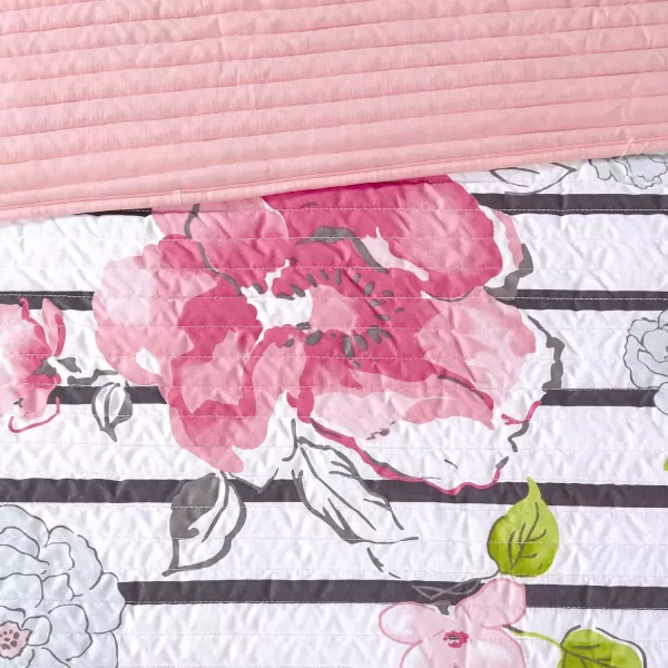 Comfort Spaces Zoe Comforter Set Printed Striped Floral Design with Faux Long Fur Decorative Pillow Bedding Pink FullQueen 4 PiecePink Coverlet