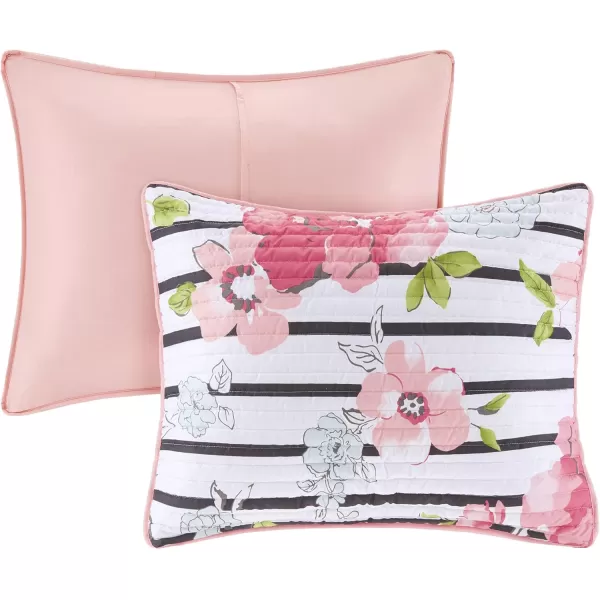 Comfort Spaces Zoe Comforter Set Printed Striped Floral Design with Faux Long Fur Decorative Pillow Bedding Pink FullQueen 4 PiecePink Coverlet