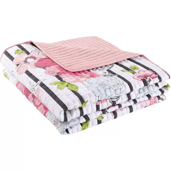Comfort Spaces Zoe Comforter Set Printed Striped Floral Design with Faux Long Fur Decorative Pillow Bedding Pink FullQueen 4 PiecePink Coverlet