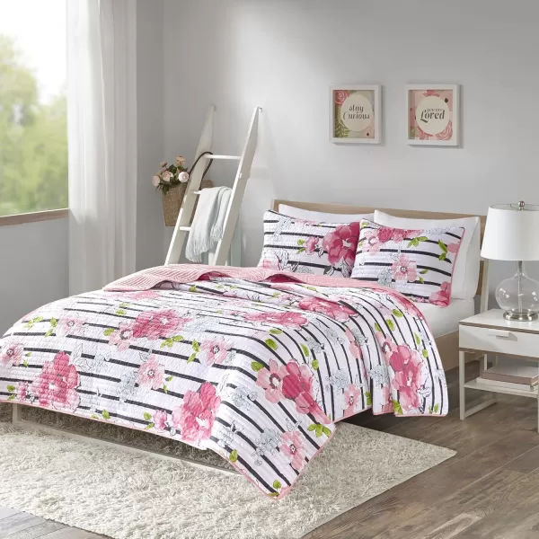 Comfort Spaces Zoe Comforter Set Printed Striped Floral Design with Faux Long Fur Decorative Pillow Bedding Pink FullQueen 4 PiecePink Coverlet