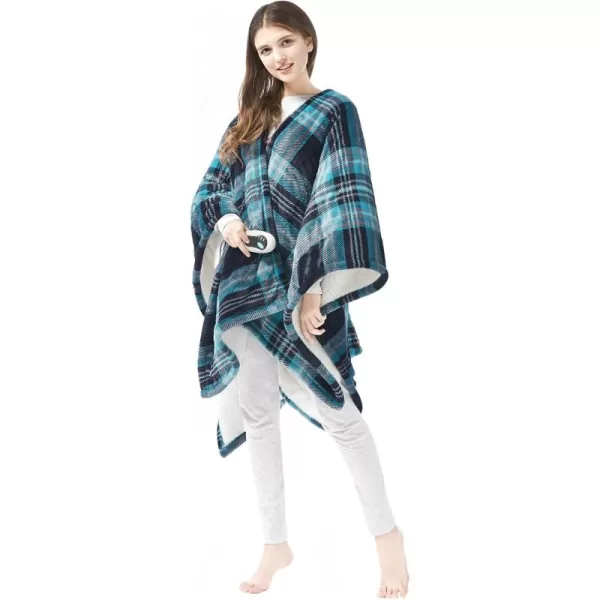Beautyrest Ultra Soft Sherpa Berber Fleece Electric Poncho Wrap Blanket Heated Throw with Auto Shutoff 50 in x 64 in Grey LatticeAqua Plaid