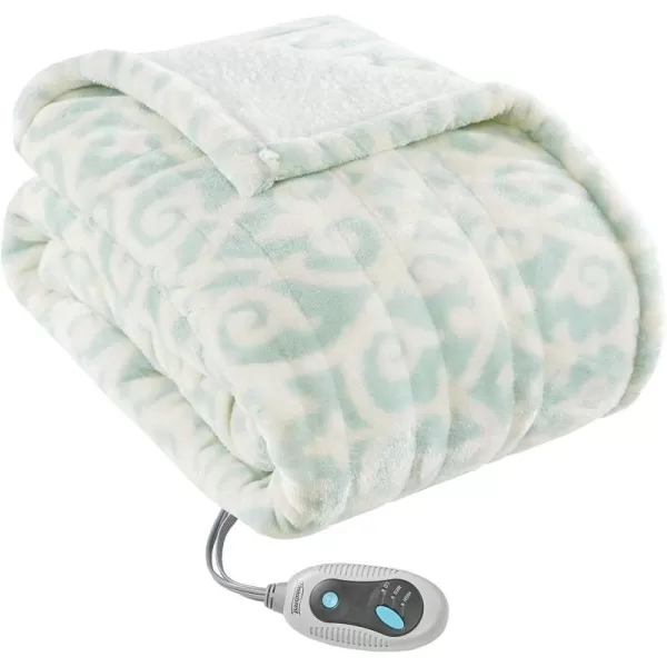 Beautyrest Ultra Soft Sherpa Berber Fleece Electric Poncho Wrap Blanket Heated Throw with Auto Shutoff 50 in x 64 in Grey LatticeDusty Blue Lattice