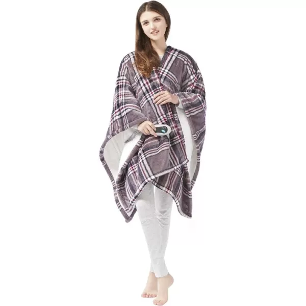 Beautyrest Ultra Soft Sherpa Berber Fleece Electric Poncho Wrap Blanket Heated Throw with Auto Shutoff 50 in x 64 in Grey LatticeGrey Plaid
