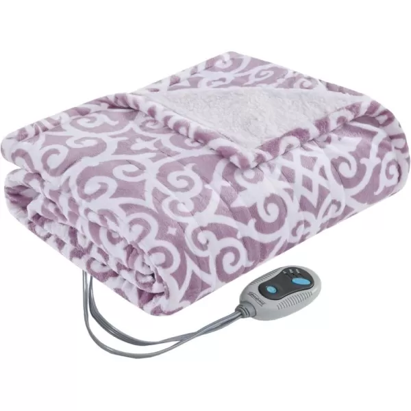Beautyrest Ultra Soft Sherpa Berber Fleece Electric Poncho Wrap Blanket Heated Throw with Auto Shutoff 50 in x 64 in Grey LatticeLavender Lattice