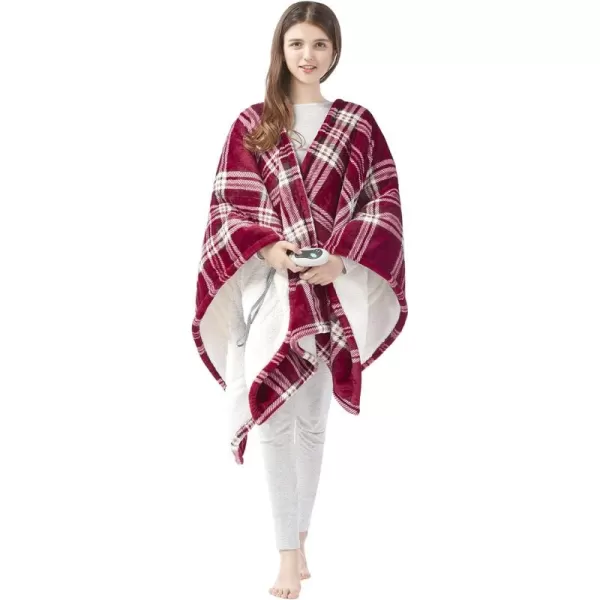 Beautyrest Ultra Soft Sherpa Berber Fleece Electric Poncho Wrap Blanket Heated Throw with Auto Shutoff 50 in x 64 in Grey LatticeRed Plaid