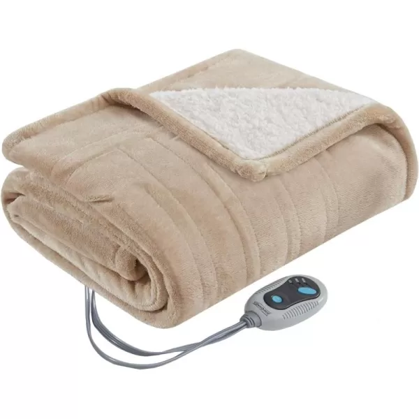 Beautyrest Ultra Soft Sherpa Berber Fleece Electric Poncho Wrap Blanket Heated Throw with Auto Shutoff 50 in x 64 in Grey LatticeTan