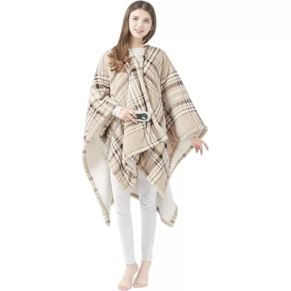 Beautyrest Ultra Soft Sherpa Berber Fleece Electric Poncho Wrap Blanket Heated Throw with Auto Shutoff 50 in x 64 in Grey LatticeTan Plaid