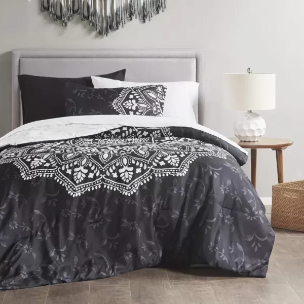 Comfort Spaces Bed in A Bag  Trendy Casual Design Cozy Comforter with Complete Sheet Set with Side Pocket All Season Cover Matching Shams Queen90quotx90quot Kate GreyPurple 9 PieceMedallion Black