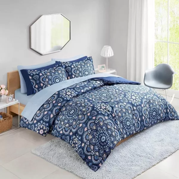 Comfort Spaces Bed in A Bag  Trendy Casual Design Cozy Comforter with Complete Sheet Set with Side Pocket All Season Cover Matching Shams Queen90quotx90quot Kate GreyPurple 9 PieceFloral Blue