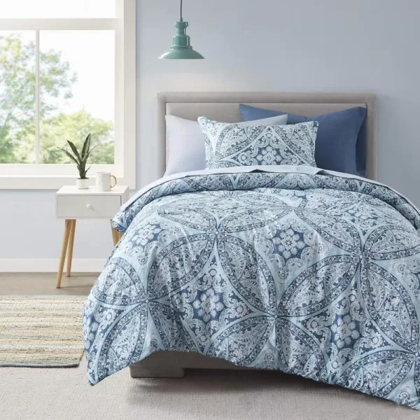 Comfort Spaces Bed in A Bag  Trendy Casual Design Cozy Comforter with Complete Sheet Set with Side Pocket All Season Cover Matching Shams Queen90quotx90quot Kate GreyPurple 9 PieceDamask Blue