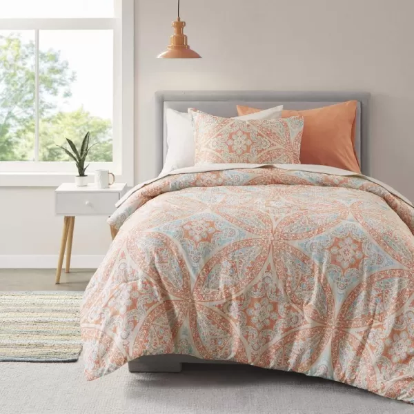 Comfort Spaces Bed in A Bag  Trendy Casual Design Cozy Comforter with Complete Sheet Set with Side Pocket All Season Cover Matching Shams Queen90quotx90quot Kate GreyPurple 9 PieceDamask Coral