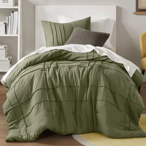 Comfort Spaces BlueGrey Full Size Comforter Set  3 Pieces Pintuck Pleated Bedding Sets Full All Season Lightweight Extra Softness PreWashed Microfiber Full Bed Set Shams FullOlive Green