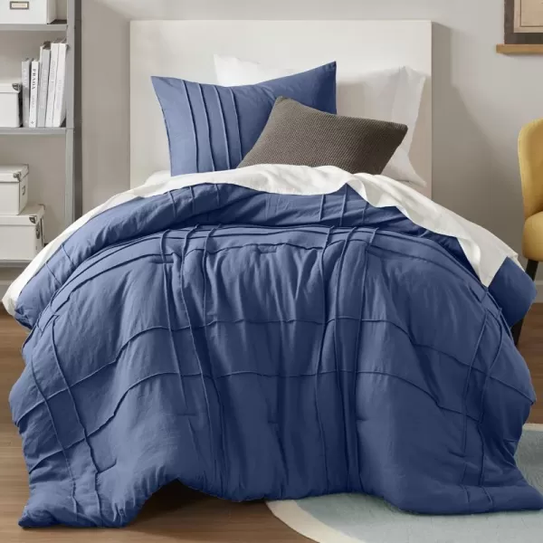 Comfort Spaces BlueGrey Full Size Comforter Set  3 Pieces Pintuck Pleated Bedding Sets Full All Season Lightweight Extra Softness PreWashed Microfiber Full Bed Set Shams FullNavy