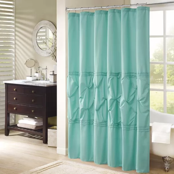 Comfort Spaces CS700099 Cavoy Bathroom Pintuck Shower Tufted Ruffle Pattern Modern Elegant Microfiber Fabric Bath Curtains 72quotx72quot IvoryAqua