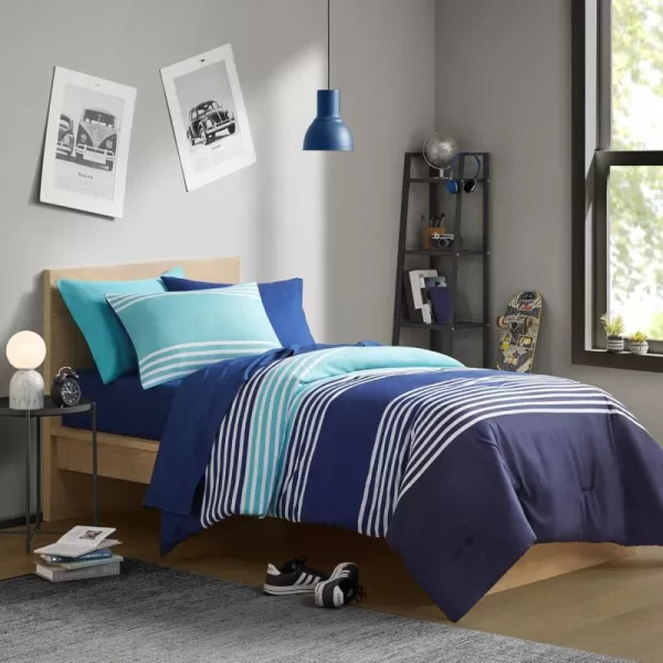 Comfort Spaces Comforter Sets with Sheets  Bed in a Bag 9 Pieces Teen Bedding Sets  Red and Grey Stripes Bedding Full College Full Bed Set with 2 Side Pockets Bedroom OrganizerNavy