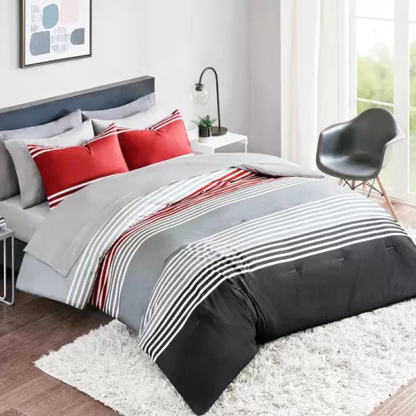 Comfort Spaces Comforter Sets with Sheets  Bed in a Bag 9 Pieces Teen Bedding Sets  Red and Grey Stripes Bedding Full College Full Bed Set with 2 Side Pockets Bedroom OrganizerRedGrey