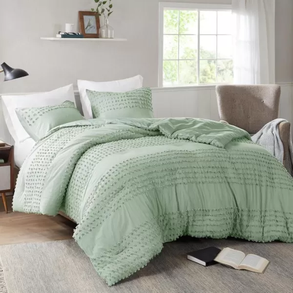 Comfort Spaces Cotton Comforter Set Jacquard PomPom Tufts Design Down Alternative All Season Modern Bedding Matching Shams TwinTwin XL Phillips IvorySage Green