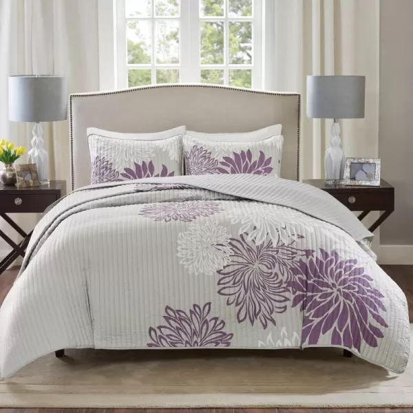 Comfort Spaces Enya Quilt Set  Casual Floral Print Channel Stitching Design All Season Lightweight Coverlet Cozy Bedding Matching Shams Decorative Pillows FullQueen90quotx90quot Purple 3 PiecePurpleGrey