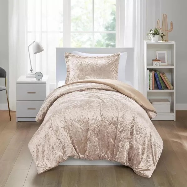 Comfort Spaces Juliette Luxe Comforter Set Velvet Lush with Soft Brushed Microfiber Reverse All Season Cozy Velvet Bedding Sets Fluffy Comforter Bed Set Matching Sham Blush FullQueen 3 PieceChampagne Comforter