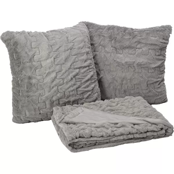 Comfort Spaces Luxurious ampamp Fuzzy Soft Ruched Faux Fur Plush Throw Blanket Set with 2 Matching Square Pillow Covers for SofaChair Couch Living Room Home Office Teal 50quotx 60quotGrey