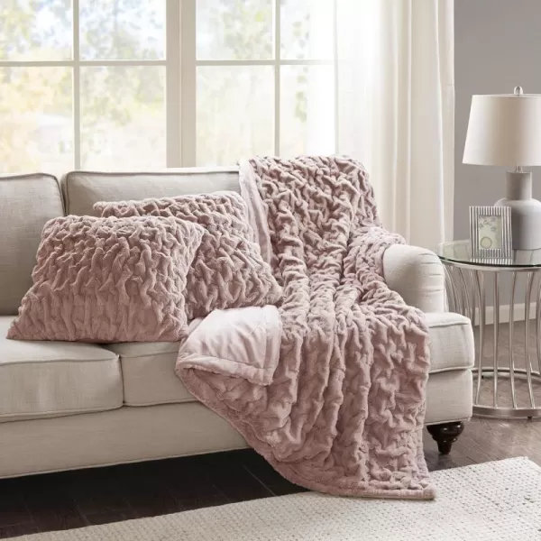 Comfort Spaces Luxurious ampamp Fuzzy Soft Ruched Faux Fur Plush Throw Blanket Set with 2 Matching Square Pillow Covers for SofaChair Couch Living Room Home Office Teal 50quotx 60quotBlush
