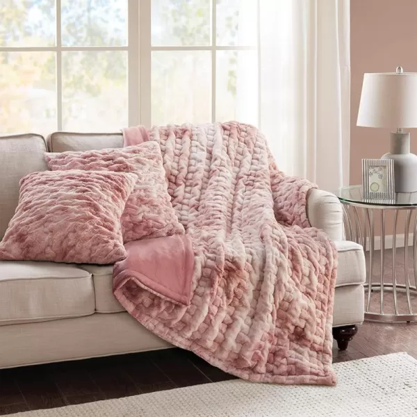 Comfort Spaces Luxurious ampamp Fuzzy Soft Ruched Faux Fur Plush Throw Blanket Set with 2 Matching Square Pillow Covers for SofaChair Couch Living Room Home Office Teal 50quotx 60quotBlush Tie Dye
