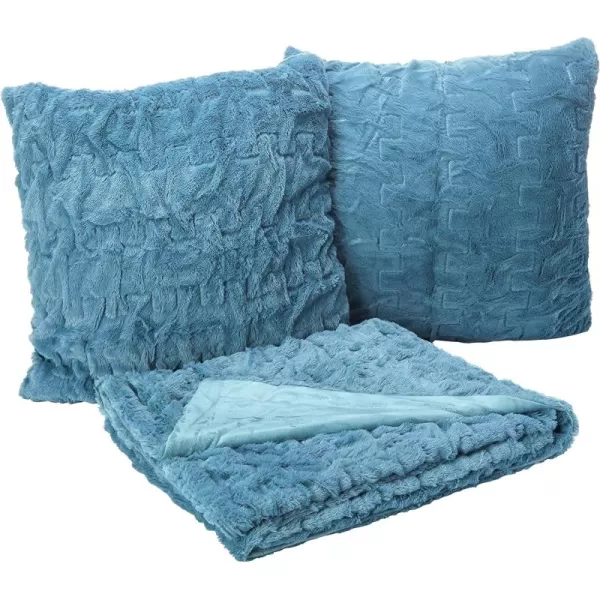 Comfort Spaces Luxurious ampamp Fuzzy Soft Ruched Faux Fur Plush Throw Blanket Set with 2 Matching Square Pillow Covers for SofaChair Couch Living Room Home Office Teal 50quotx 60quotTeal