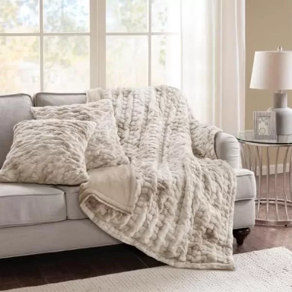 Comfort Spaces Luxurious ampamp Fuzzy Soft Ruched Faux Fur Plush Throw Blanket Set with 2 Matching Square Pillow Covers for SofaChair Couch Living Room Home Office Teal 50quotx 60quotTan Tie Dye