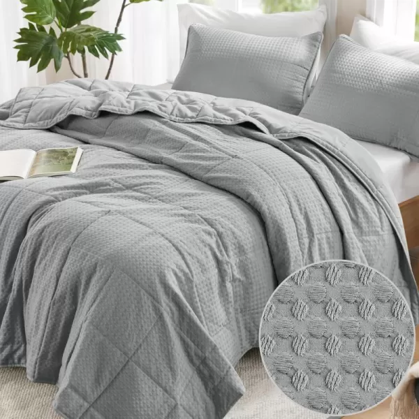 Comfort Spaces Neutral Queen Quilt Set  3 Pieces Breathable Waffle Weave Quilt Sets with Piping Border Modern Farmhouse Cottage Coverlet ampamp Sham All Season Microfiber Queen Bed Set FullQueenGray