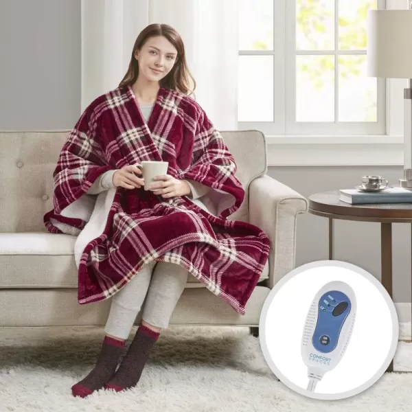 Comfort Spaces Plush to Sherpa Electric Blanket Shawl Shoulder Neck Wrap with Matching Sock Set Giftable Ultra Soft Warm Snuggle FleeceReversible Heated Poncho Throw 50quot W x 64quot L Ogee AquaRed Plaid