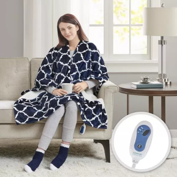 Comfort Spaces Plush to Sherpa Electric Blanket Shawl Shoulder Neck Wrap with Matching Sock Set Giftable Ultra Soft Warm Snuggle FleeceReversible Heated Poncho Throw 50quot W x 64quot L Ogee AquaOgee Navy