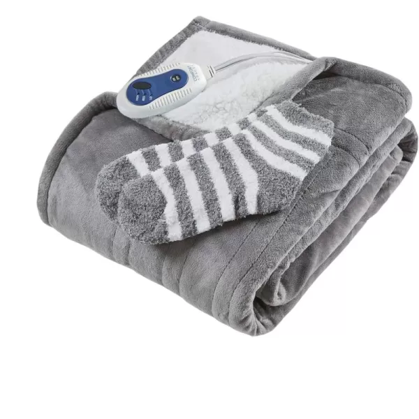 Comfort Spaces Plush to Sherpa Electric Blanket Shawl Shoulder Neck Wrap with Matching Sock Set Giftable Ultra Soft Warm Snuggle FleeceReversible Heated Poncho Throw 50quot W x 64quot L Ogee AquaGrey