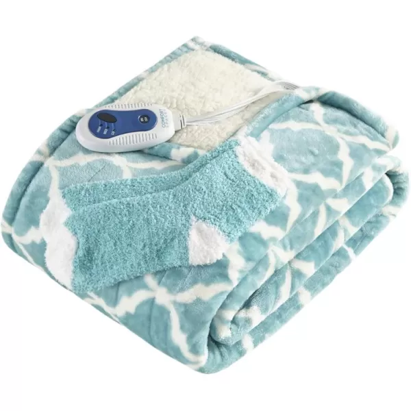 Comfort Spaces Plush to Sherpa Electric Blanket Shawl Shoulder Neck Wrap with Matching Sock Set Giftable Ultra Soft Warm Snuggle FleeceReversible Heated Poncho Throw 50quot W x 64quot L Ogee AquaOgee Aqua
