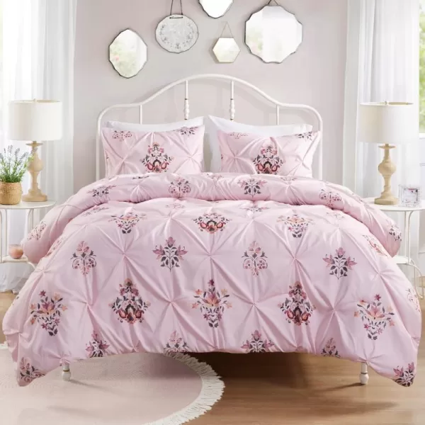 Comfort Spaces Purple Queen Comforter Set  3 Pieces Pintuck Tufted Vintage Floral Bedding Set Queen All Seasons SkinFriendly Lightweight ampamp Soft Microfiber Queen Bed Set Shams Misha FullQueenPink
