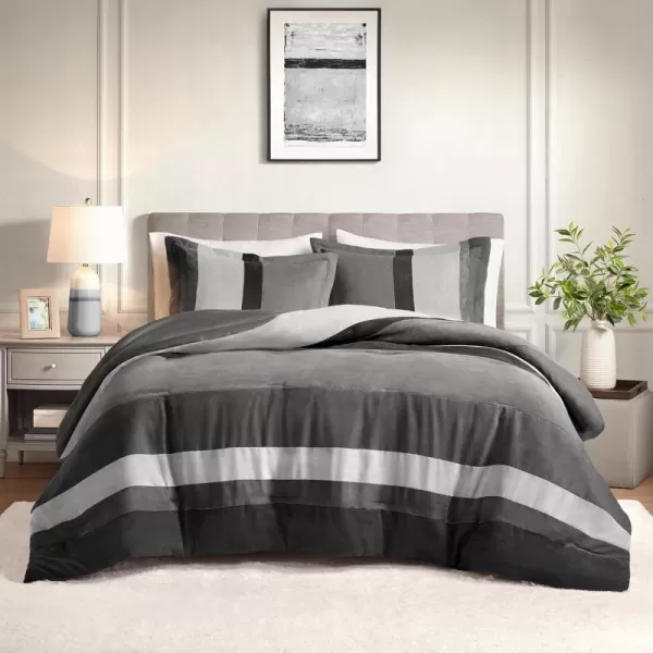 Comfort Spaces Queen Comforter Set 3 Piece Luxe Microsuede Pieced Design Color Block Stripes Bedding Comforter Sets All Season Soft Brushed Microfiber Reverse Matching Shams FullQueen BlueBlack