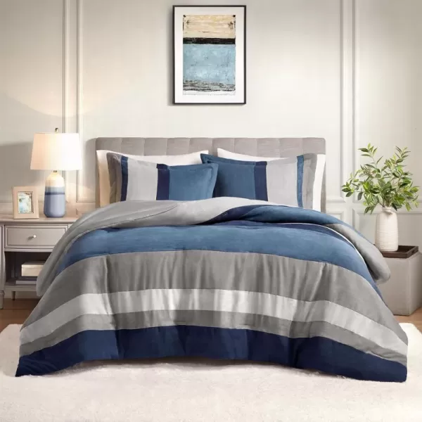 Comfort Spaces Queen Comforter Set 3 Piece Luxe Microsuede Pieced Design Color Block Stripes Bedding Comforter Sets All Season Soft Brushed Microfiber Reverse Matching Shams FullQueen BlueBlue