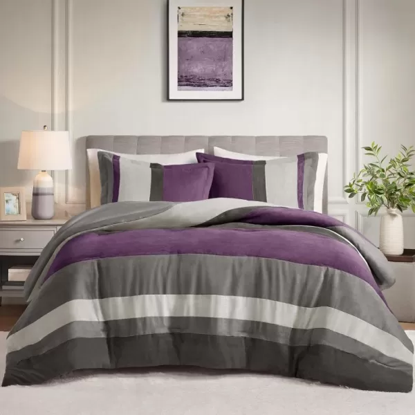 Comfort Spaces Queen Comforter Set 3 Piece Luxe Microsuede Pieced Design Color Block Stripes Bedding Comforter Sets All Season Soft Brushed Microfiber Reverse Matching Shams FullQueen BluePurple