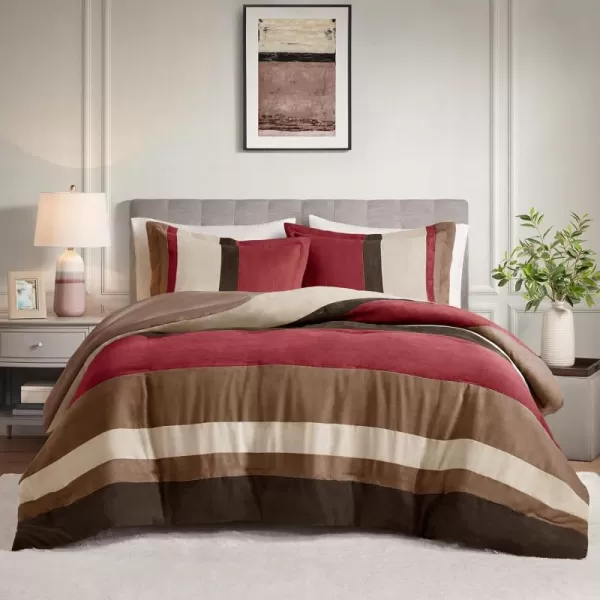 Comfort Spaces Queen Comforter Set 3 Piece Luxe Microsuede Pieced Design Color Block Stripes Bedding Comforter Sets All Season Soft Brushed Microfiber Reverse Matching Shams FullQueen BlueRed